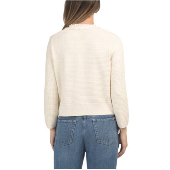 ADRIANNA PAPELL Waffle Knit Frayed Cropped Cardigan Sweater - Picture 2 of 3